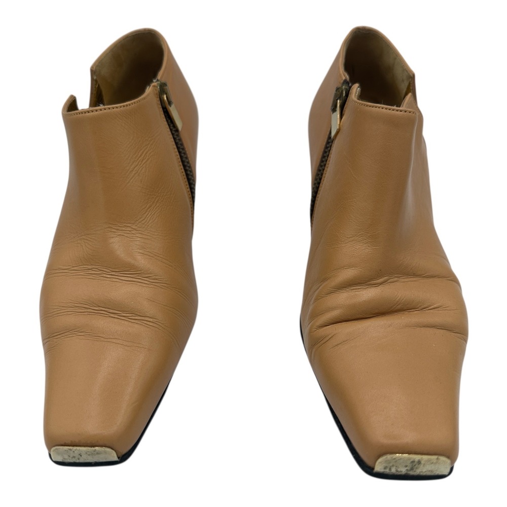 Timothy H. Boots Tan Leather Square Toe Side Zip Block Heel Ankle Boots Size 7.5